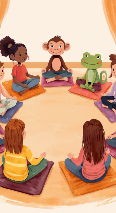 Deti sediace v kruhu s maskotmi opicou Hopim a žabkou Milou pri lekcii mindfulness