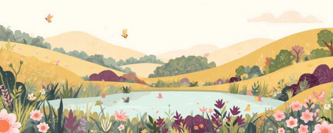 Ilustrácia kvitnúcej lúky s kopcami a jazierkom